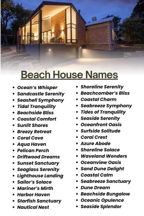 Beach House Names House Names Ideas, Names Of Rooms In A House, Beach House Names Ideas, Villa Names Ideas, Cottage Names Ideas, Spanish Beach House, Luxurious Beach House, Beach Trailer, Beach House Names