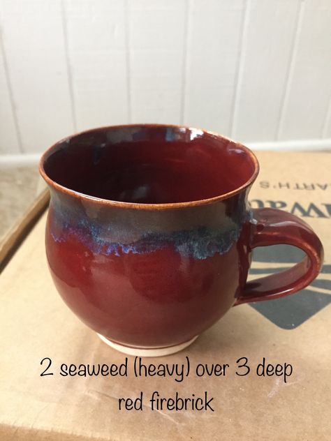 Amaco seaweed over deep red firebrick Amaco Firebrick Combinations, Firebrick Red Glaze Combinations, Deep Firebrick Red Glaze Combinations, Glaze Experiments, Amaco Seaweed, Fun Ceramics, Glazed Mugs, Firebrick Red, Clay Glazing