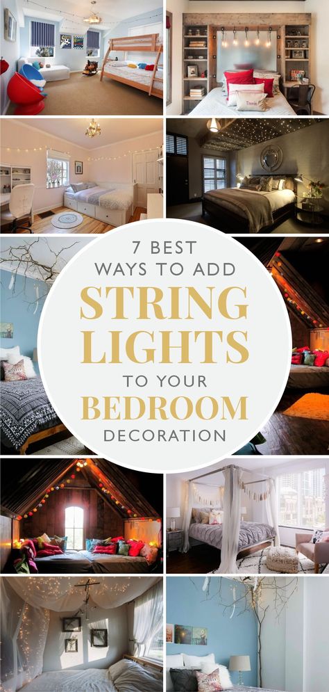 Fun Lighting Ideas Bedrooms, String Lights Bathroom, Bedroom Lights Ideas, Bedroom Lighting Ideas Hanging, Hanging Lights In Bedroom, Romantic Bedroom Lighting Ideas, Lighting In Bedroom, String Lights Bedroom, Bedroom String Lights