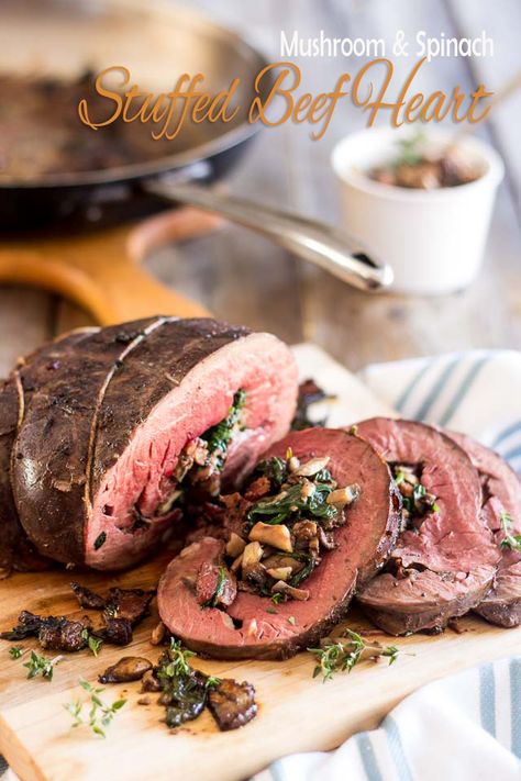 Stuffed Beef Heart | thehealthyfoodie.com  Paleo (of course!), AIP with modifications; great pictures how to prepare a whole heart for cooking.  Recipe contains bacon, onion, mushrooms, garlic, cinnamon, nutmeg and spinach leaves. Beef Heart Recipe, Stuffed Beef, Offal Recipes, Beef Heart, Heart Recipes, Heart Food, Healthy Foodie, Game Food, Roast Beef