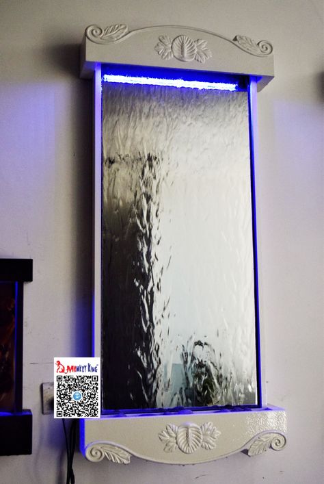 Classical design wall mounted indoor waterfall fountain .46"by22" ,white frame,silver mirror,colors changing LED on top. Indoor Waterfall Fountain, Water Curtain, Tabletop Water Fountain, Indoor Water Fountains, Indoor Waterfall, Tabletop Fountain, Small Fountains, Waterfall Fountain, Indoor Fountain