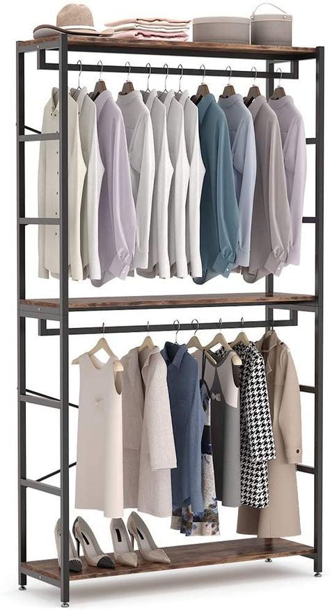 Amazon.com: Tribesigns 47 inches Double Rod Closet Organizer, Freestanding 3 Tiers Shelves Clothes Garment Racks, Large Heavy Duty Clothing Storage Shelving Unit for Bedroom Laundry Room (Vingtage Walnut): Home & Kitchen Double Rod Closet, Garment Rack Bedroom, Standing Closet, Bedroom Laundry Room, Free Standing Closet, Metal Clothes Rack, Bedroom Laundry, Portable Closet, Open Closet