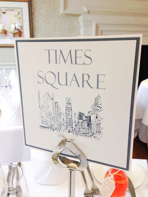 New York theme wedding tables name number cards Times Square Time Square Theme Party, New York Bridal Shower Theme, New York Themed Wedding, New York Theme Wedding, Banquet Themes, New York Theme Party, Ny Party, New York Party, New York Theme