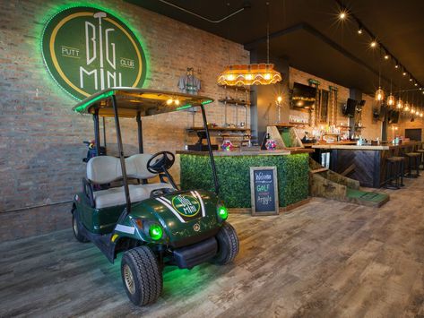 Mini Golf Decorations, Golf Lounge Design, Golf Simulator Bar Design, Mini Golf Business, Golf Bar Ideas, Indoor Golf Simulator Business, Golf Club Interior Design, Golf Simulator Bar, Golf Theme Bar