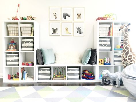 Image courtesy of Pinterest (click here to browse the IKEA Kallax collection).  See below for bin options. Boys Bedroom Storage, Living Room Toy Storage, Ikea Ideas, Boys Playroom, Interior Vintage, Playroom Storage, Playroom Organization, Small Space Storage, Kid Toy Storage