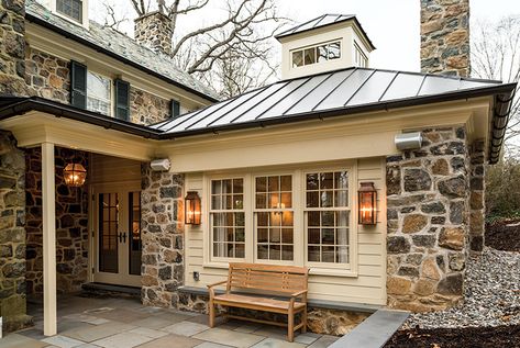 New Ideas Freshen Up an Old Home Family Room Addition, Standing Seam Metal Roof, Kitchen Addition, Classic Lighting, Roof Colors, Home Addition, Room Additions, Stone Cottage, Backyard Living