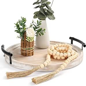 Round Wood Tray/w Wood Bead Garland - 13" Decorative Trays for Home Decor - Round Wooden Tray with Handles - Wooden Round Tray for Kitchen Counter. Round Coffee Table Tray, Round Wooden Tray, Round Wood Tray, Round Serving Tray, Wooden Bead Garland, Tray With Handles, Coffee Table Tray, Serving Trays With Handles, Bead Garland