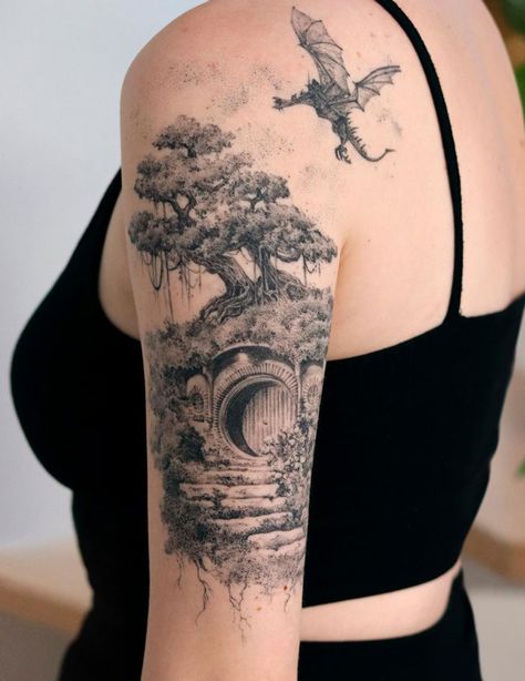 Lord Of The Ring Tattoos, Lord Of The Rings Dragon Drawing, Hobbit Sleeve Tattoo, Pippin Took Tattoo, Lord Of The Rings Arm Tattoo, Lotr Leg Sleeve Tattoo, Lotr Leg Tattoo, Lord Of The Rings Leg Sleeve, Lotr Inspired Tattoos