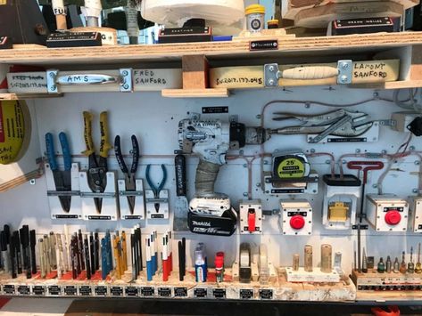 Tom Sachs Style, Tom Sachs Studio, Tom Sachs, Garage Systems, Basement Workshop, Garage Studio, Art Studio Room, Tool Storage Diy, Creative Organization