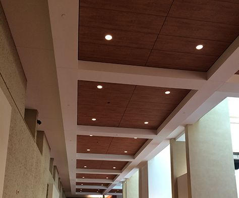 Hunter Douglas Contract at Albuquerque Convention Center Wooden Ceiling Ideas, Modern Wooden Ceiling, Fellowship Hall, Kitchen Ceiling Design, Simple False Ceiling Design, Wooden Ceiling Design, High Ceiling Living Room, Pvc Ceiling Design, New Ceiling Design