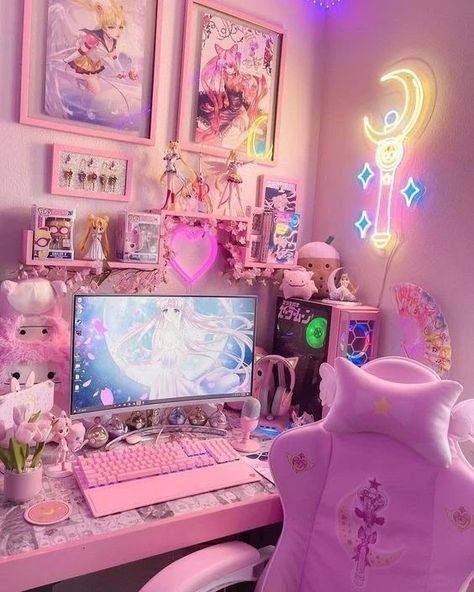 September Photo Challenge, Pink Milkshake, Insta Board, Girly Games, Kawaii Room Ideas, Gaming Desk Setup, Kawaii Bedroom, Pink Games, Gamer Setup