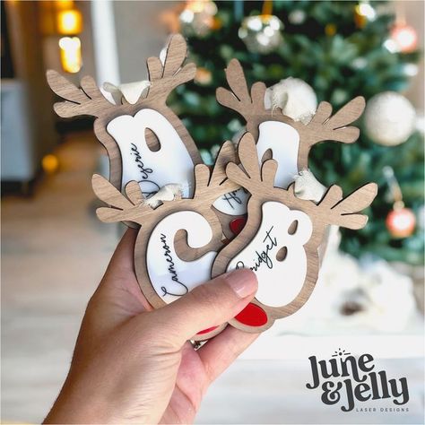 Embrace nostalgia with retro reindeer crafts featuring letter ornaments and candy designs! Use ribbon fonts or stocking hangers to create charming decorations sure to delight everyone during the holidays. Retro Reindeer, Ribbon Font, Laser Cut Decor, Reindeer Craft, Letter Ornaments, Laser Cut Wood Crafts, Laser Engraved Ideas, Stocking Hanger, Favorite Fonts