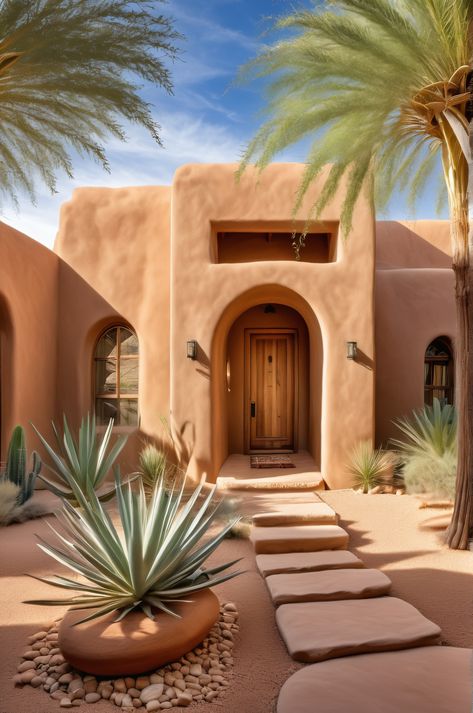 Discover a desert earth dwelling where courtyard gardens create microclimate oases. This adobe structure showcases passive design and harmony with the harsh landscape, featuring stunning views of a nearby salt flat, peninsula, and hot spring. Sudanese Architecture, Desert Home Exterior, Courtyard Oasis, Landscape Courtyard, Adobe Style Homes, Southwest Architecture, Nature Houses, Desert Landscape Design, Adobe Houses