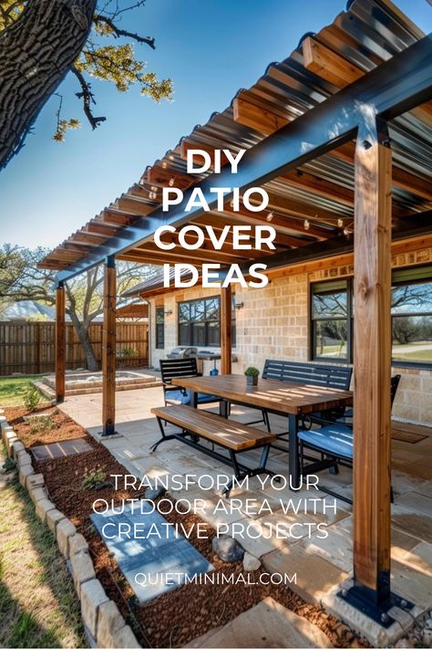 Build your own pergola and more with our DIY patio cover instructions. #BuildItYourself #DIYPergola Diy Back Porch Pergola, Galvanized Patio Cover, Building An Awning Over Patio, Diy Outdoor Covered Patio, Back Porch With Pergola Patio Ideas, Covering Deck Ideas, Patio Cover Plans Diy, Diy Covered Deck On A Budget, Simple Patio Cover Ideas