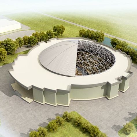 The roof adopts dome space frame structure which is a truss-like, lightweight rigid structure constructed from interlocking struts in a geometric pattern. The roof panel adopts the sandwich panel. Town Hall Design, Space Frame Structure, Coal Storage, Domed Roof, Dome Roof, Circular Buildings, Truss Structure, Dome Structure, Steel Structure Buildings