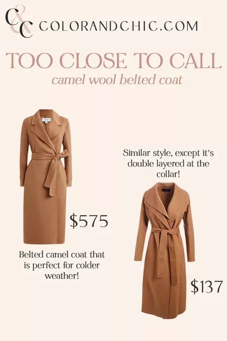 Reiss camel wool belted coat for $575 and Tahari belted coat for $137! I love the camel color on both of them and the belted tie, The Tahari one is double layered on the collar and the Reiss isn’t #LTKSeasonal #LTKstyletip Reiss Camel Coat, Long-sleeve Camel Outerwear For Winter, Luxury Camel Wool Coat, Reiss Coat, Solid Double-breasted Belted Wool Coat, Single-breasted Cashmere Wool Coat With Lapel Collar, Camel Coat, Belted Coat, Camel Color