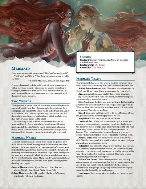 Mermaid Mermaid Dnd 5e, Playable Dnd Races, Mermaid World Building, D&d Homebrew Races, Dnd Races Character Design, Dnd Mermaid, Homebrew Races, 5e Races, Dungeons And Dragons Races