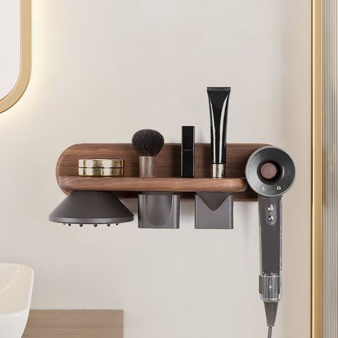 Wood Hair Dryer Holder Rack in Walnut with Accessories Storage & Shelf | Homary Dyson Hair Dryer Display Stand, Dyson Blowdryer Storage, Hair Straightener Wall Holder, Dyson Blow Dryer Storage, Dyson Station, Salon Hot Tool Storage, Dyson Hairdryer Storage, Dyson Air Wrap Organization, Rangement Dyson