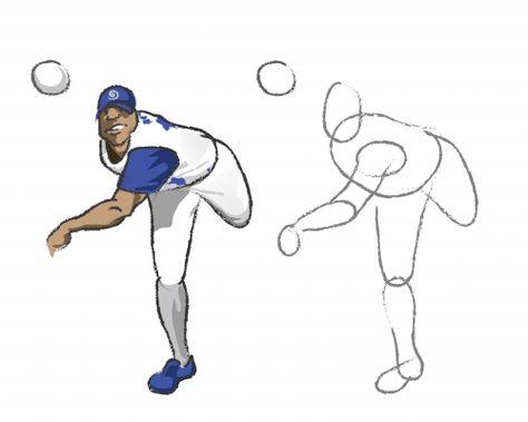 A printable learn to draw page featuring a baseball pitcher during a throw, has… Throw Reference Drawing, Pitcher Baseball Pose, Baseball Throwing Pose Reference, Baseball Throw Pose, Baseball Pitcher Drawing, Throwing Something Drawing, Throwing A Ball Reference, Throwing Pose Drawing, Throwing Drawing Reference