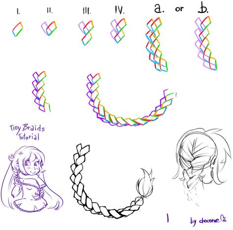 Anime Hair Reference Braids, Braid Art Tutorial, Anime Braided Hair Reference, Fishtail Braid Drawing, French Braid Art Reference, How Draw Braids, How To Draw Plaits Hair, Anime Braids Drawing, Anime Braided Hair Drawing