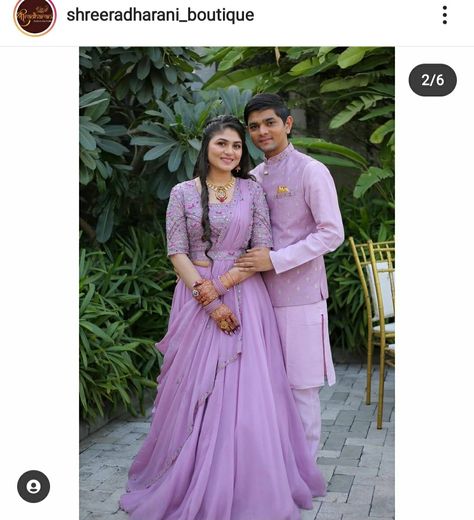 Purple Lehenga Bride And Groom, Engagement Twinning Dress, Lavender Couple Outfits Indian, Lavender Couple Outfits, Couple Engagement Dress Indian Matching, Wedding Couple Dress Combination, Engement Dress Indian Couple, Engagement Couple Dress, Engagement Dress For Groom