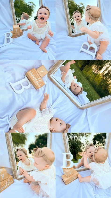 Photoshoot With Mirror, Milestone Photoshoot, 6 Month Baby Picture Ideas, Baby Mirror, Baby Milestones Pictures, Baby Milestone Photos, First Birthday Pictures, Baby Pictures Newborn, Baby Poses