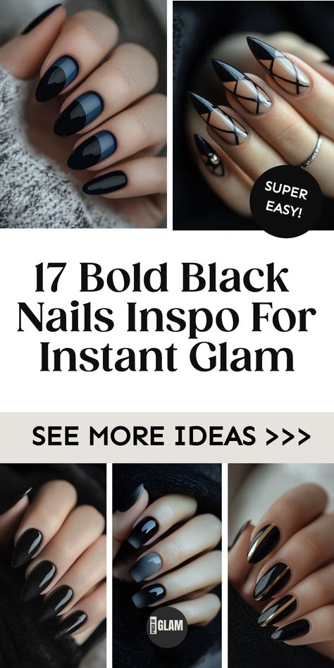 Discover chic and bold black nails ideas to elevate your nail game! From sleek black nails design to edgy black nails with design, these striking manicures are perfect for any occasion. Whether you prefer classic black nails or modern black nails acrylic, there's a style here for everyone. Get inspired and transform your look with these stunning black nail designs. Black Nail Polish With Chrome, Neutral Nails With Black Design, Black Nails Elegant, Black And Glitter Nail Designs, Black And Grey Nails Designs, Black Geometric Nails, Classic Black Nails, Edgy Black Nails, Black Nails With Design