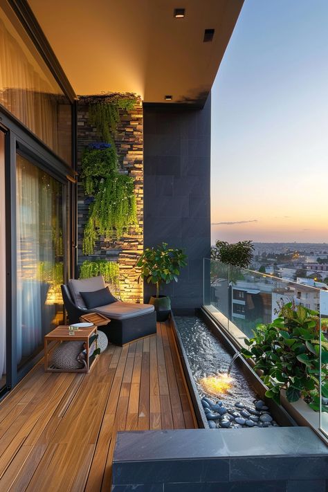 Modern small balcony ideas: A cozy lounge chair and lush plant walls next to a chic fire-water feature, capturing tranquility and style. Terrace Decorating Ideas, Minimal Balcony Ideas, Best Balcony Designs, Back Terrace Ideas, Small Balcony Inspiration, Outside Balcony Ideas, Long Patio Ideas, Small Modern Balcony, Small Wall Design