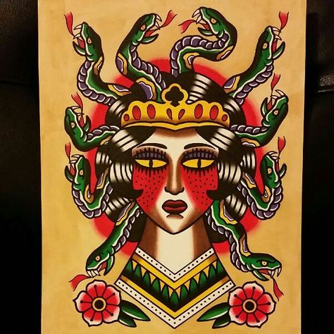 Traditional Medusa painting Traditional Tattoo Medusa, Scifi Tattoo, Medusa Painting, Traditional Back Tattoo, Mystery Pattern, Tattoo Medusa, Serial Art, Medusa Tattoos, Traditional Tattoo Drawings