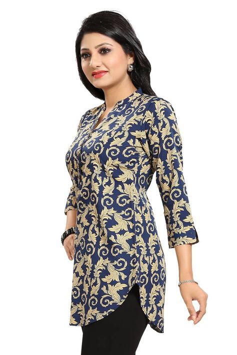 navy blue short kurti Short Top Designs Latest, Short Top Designs, Latest Kurta Designs, Short Kurti Designs, Long Blouse Designs, Kurti Style, Short Tunic, Short Kurti, Myanmar Traditional