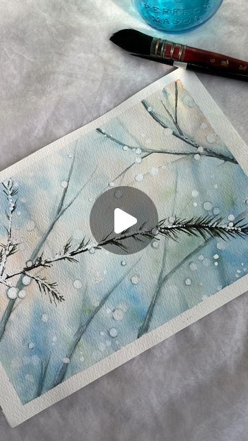 Watercolour Winter Scenes, Abstract Winter Painting, Winter Aesthetic Painting, Watercolor Winter Art, Watercolour Christmas Cards Tutorials, Watercolor Art Paintings Easy, Watercolor Xmas Cards, Winter Painting Ideas Easy, Xmas Drawing Ideas