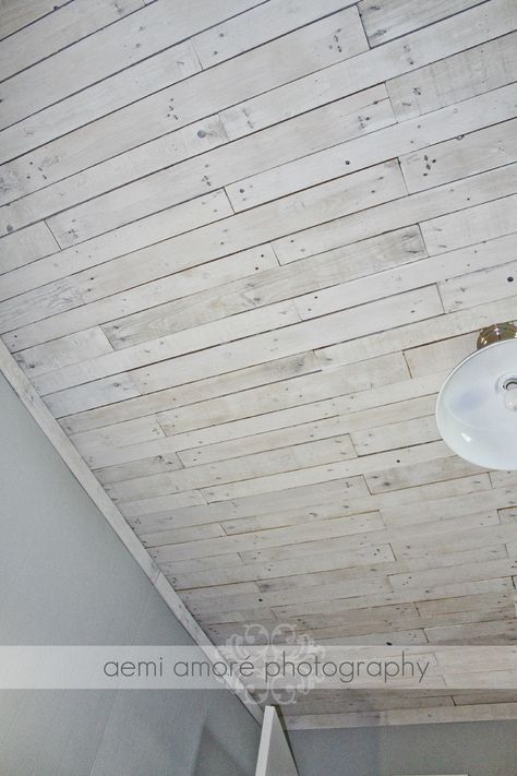 White washed ceiling I made using pallet wood White Washed Ceiling, Wood Ceiling Diy, Bathroom Wood Ceiling, White Wash Ceiling, Ceiling Diy, Pallet Ceiling, Bathroom Wood, Tongue And Groove Ceiling, Basement Ceiling