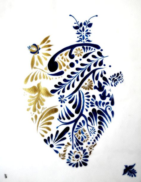 Talavera Art Mexican Style, Mexican Talavera Tattoo, Otomi Tattoo, Talavera Tattoo, Anatomical Heart Drawing, Talavera Art, Talavera Pattern, Talavera Design, Compass Rose Tattoo