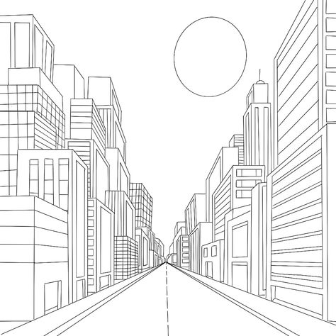 One Point Perspective Buildings, Simple City Sketch, Drawing Of A City, City 1 Point Perspective, Stage Drawing, 1 Point Perspective Cityscape, Vanishing Point Drawing Easy, New York Sketch Easy, Street Drawing