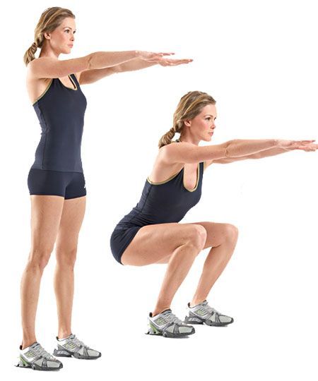 Squat exercise review by Garage Gym Types Of Squats, Body Weight Squat, Lose Thigh Fat, Womens Health Magazine, Thigh Fat, Street Workout, Thigh Exercises, Health Inspiration, Jumping Jacks