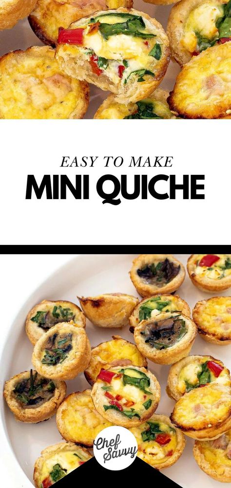 Try out this delightful Mini Quiche recipe for an easy and satisfying breakfast! Featuring a buttery pie crust and a creamy egg filling, these mini quiches come in three delicious flavor combinations. Perfect for serving a crowd, these bite-sized treats are sure to be a hit with everyone. Check out Chef Savvy for more nutritious breakfast ideas! Quiche Bites Recipes, Breakfast Tart Recipes, Mini Breakfast Bites, Boo Brunch, Easy Simple Breakfast, Quiche For One, Easy Quiche Recipes, Gd Recipes, Egg Quiche Recipes