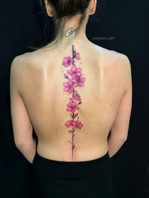 Cherry Blossom Tattoo Back, Tattoo Back Tattoo, Girl Spine Tattoos, Beautiful Back Tattoos, Flower Spine Tattoos, Floral Thigh Tattoos, Feminine Tattoo Sleeves, Cute Hand Tattoos, Tattoo Back