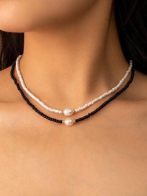 Free Returns ✓ Free Shipping✓. 2pcs Faux Pearl Decor Beaded Necklace- Necklace Sets at SHEIN. Black Pearls Necklace, Black And White Beaded Necklace, Summer Accessories Jewelry, Black And White Jewelry, Beaded Necklace Black, Black And White Necklace, Summer Choker, Black And White Necklaces, Ankle Bracelets Diy