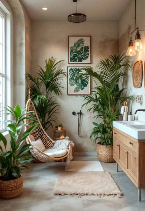 Boho Bathroom Ideas Tropical Home Interior Design, Tropical Bathroom Ideas, Hawaii Bathroom, Bathroom Sink Modern, Scandanavian Interiors, Tropical Bathroom Decor, Plant Bathroom, Ramp Sink, Jungle Bathroom