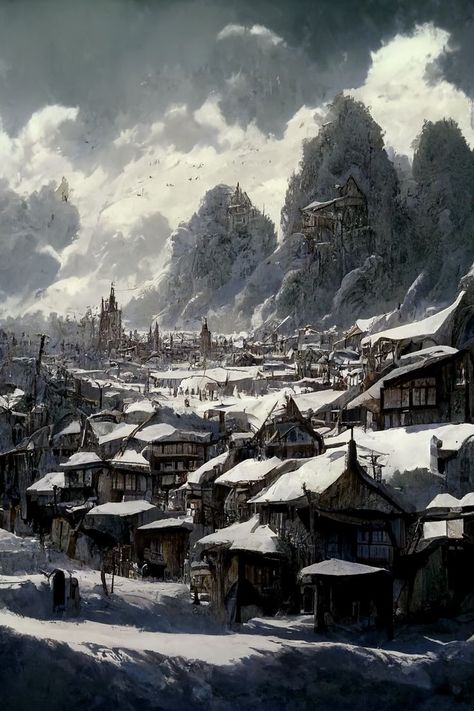 Viking Village, Fantasy Village, Cold Mountain, Mountain City, Dragon Artwork Fantasy, Snowy Mountain, Landscape Concept, Snowy Forest, Snow Village