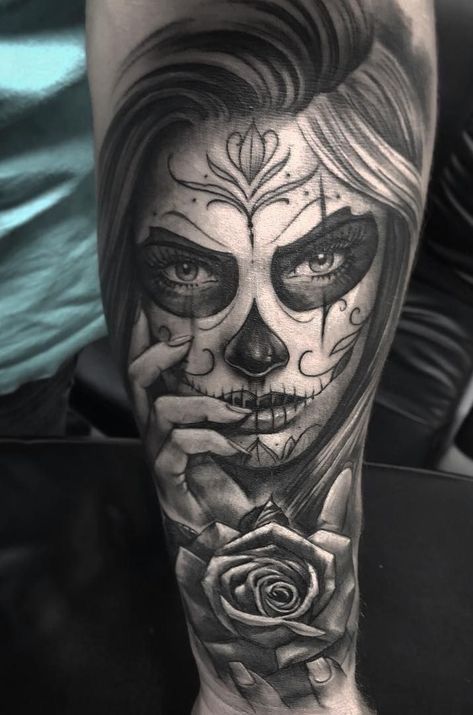 Day Of The Dead Tattoo Designs, Day Of The Dead Tattoos, Day Of Dead Tattoo, Chicano Tattoos Sleeve, Catrina Tattoo, Skull Girl Tattoo, Girl Face Tattoo, Skull Sleeve Tattoos, Skull Sleeve