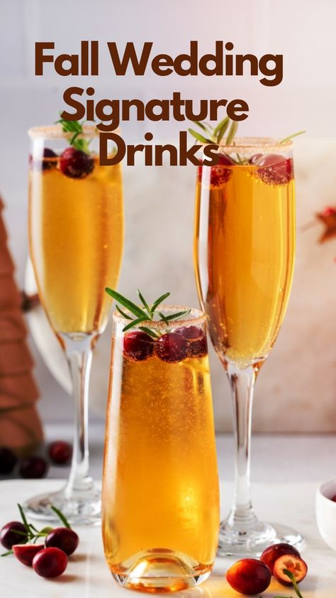 12 Fall Wedding Signature Drinks Signature Wedding Drinks Fall, Wedding Signature Drink Ideas, Apple Cider Wedding, October Wedding Reception, Fall Signature Drinks, Signature Cocktail Ideas, Fall Wedding Cocktails, Elegant Fall Wedding Ideas, Signature Drink Ideas