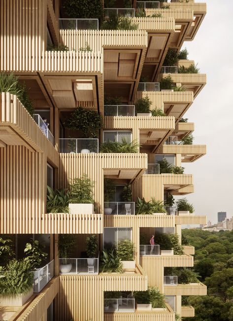 Wood would also clad the building's staggered walls, and trees would grow from the homes' generous balconies. Modern Masonry, Timber Tower, Green Building Architecture, Habitat 67, Wood House Design, Modern Appartement, Balkon Decor, Facade Architecture Design, Timber Buildings