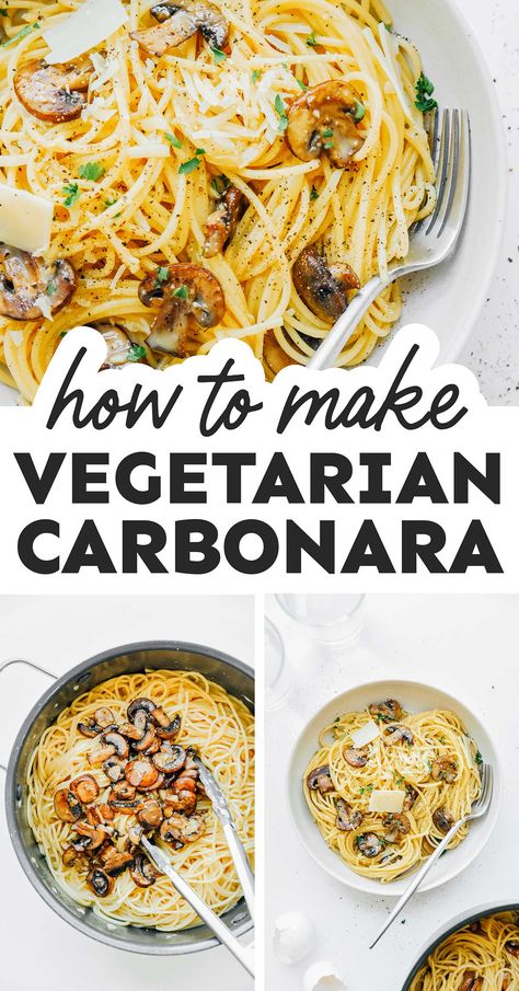 Italian Pasta Vegetarian, Veggie Carbonara Pasta, Carbonara Recipe Vegetarian, Vegetarian Spaghetti Recipe, Health Dinner Vegetarian, Vegitaren Pasta Recipes Dinner, Pasta Carbonara Vegetarian, Pasta Dishes Recipes Vegetarian, Spaghetti Carbonara Vegetarian