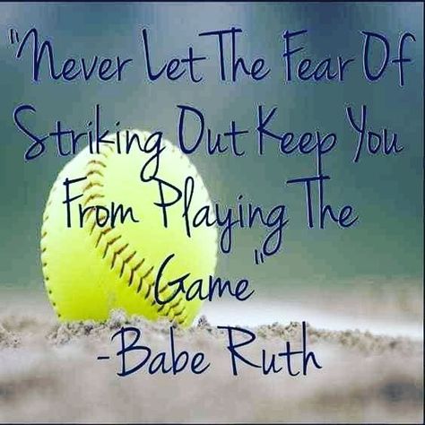 Life throws curveballs, but not stepping up to the plate due to fear of striking out can hold you back. Swing hard and proud. ⚾️🥎🧢💪🏼 . . . . . . . #myl #baseball #stepuptotheplate #takeaswingatit #baberuth #quotes #softballparents #softball Cute Softball Quotes, Fastpitch Softball Quotes, Inspirational Softball Quotes, Softball Chants, Funny Softball Quotes, Softball Memes, Sports Quotes Softball, Softball Cheers, Softball Workouts