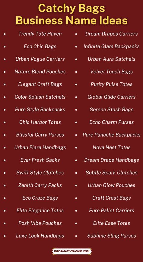 499+ Catchy Bags Business Names Ideas to Impress Ladies! - Informative House Bags Business Name Ideas, Bag Brand Name Ideas, Boutique Names Ideas, Catchy Business Name Ideas, Store Names Ideas, Expo Ideas, Business Name Ideas, Boutique Names, Bags Business