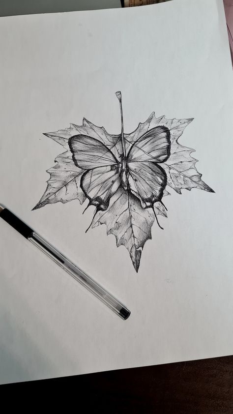 Butterfly Leaf Tattoo, Butterfly Tattoo Design, Leaf Butterfly, Butterfly Tattoo Designs, Leaf Drawing, Butterfly Drawing, Rib Tattoo, Compass Tattoo, Butterfly Tattoo