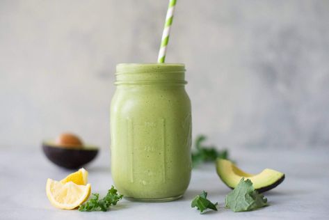 Avocado Kale Protein Smoothie Kale Protein Smoothie, High Protein Fruit, Coffee Smoothie Healthy, Protein Fruit Smoothie, Peanut Butter Protein Shake, Banana Protein Shake, Freezer Smoothie Packs, Freezer Smoothies, Protein Fruit