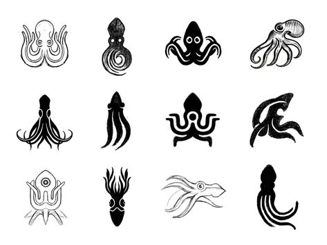 Squids & Octopuses - Logo Design Sketches by Gert van Duinen Octopus Illustration Graphic Design, Octopus Logo Design, Octopus Vector, Squid Drawing, Octopus Logo, Kraken Logo, Monoline Logo, Squid Tattoo, Logo Design Graphics