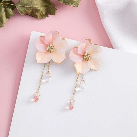 Gold Tassel Earrings, Iridescent Crystal, Pink Acrylics, Romantic Flowers, Party Earrings, Handmade Flower, Flower Fairy, Delicate Flower, Peach Pink